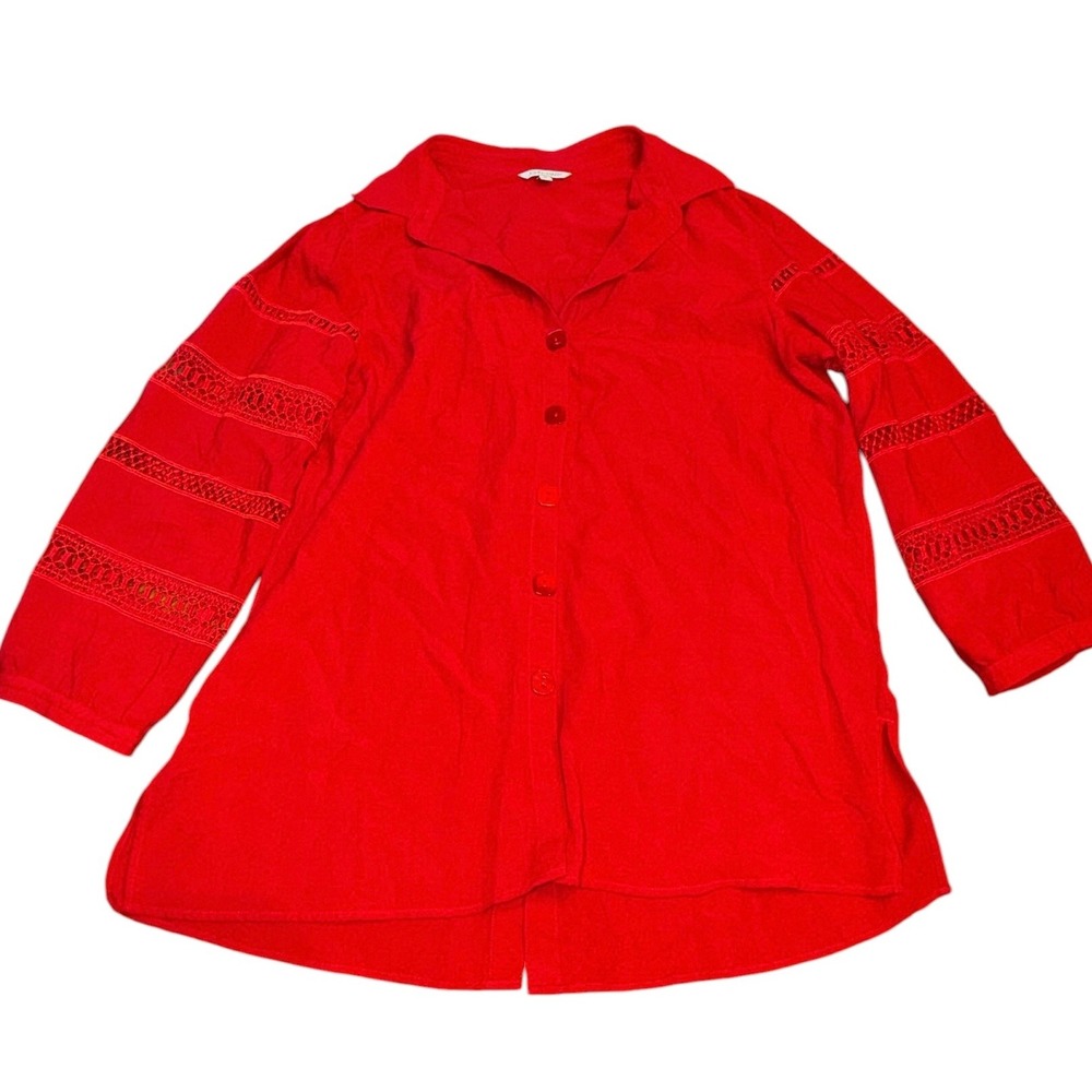 John Mark Red Crochet Lace Sleeve Button Back Tunic Shirt Womens Size Medium